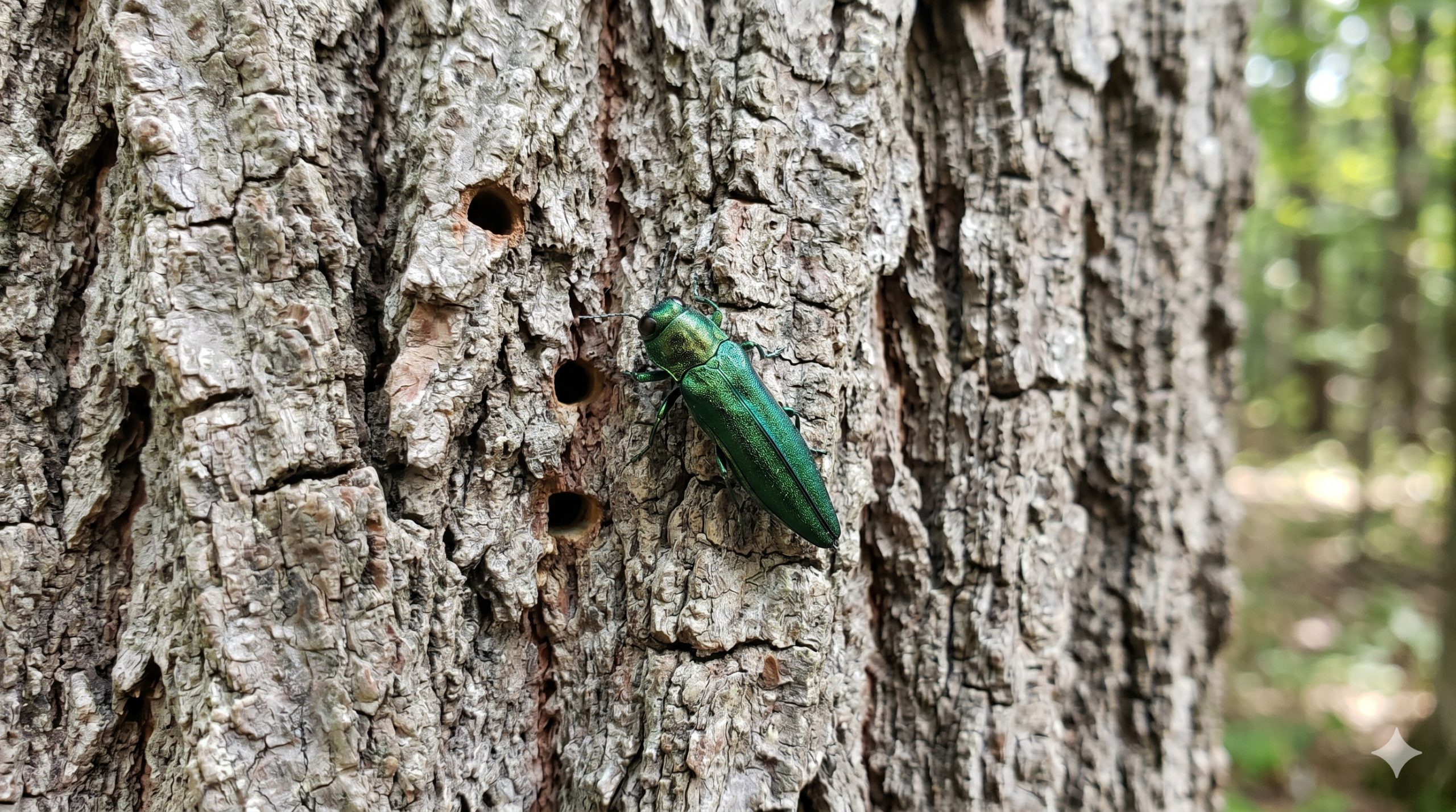 A close-up photograph of a vibrant, metallic-green emerald ash borer beetle resting on the rough, grooved bark of an ash tree next to several distinct, D-shaped exit holes.