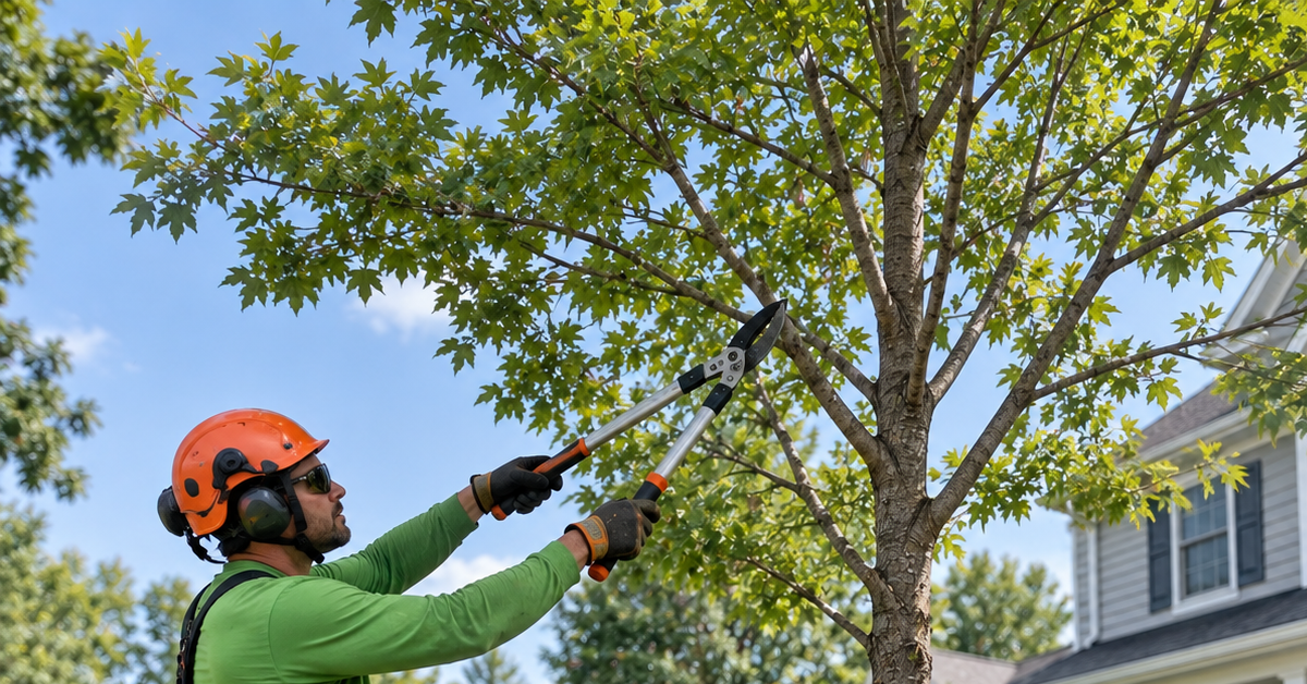 Arborist structurally pruning a young tree in a New Jersey yard