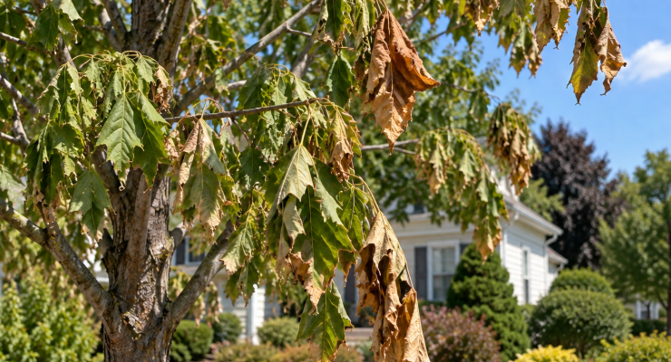 Drought-stressed tree showing wilted leaves in Union County, NJ