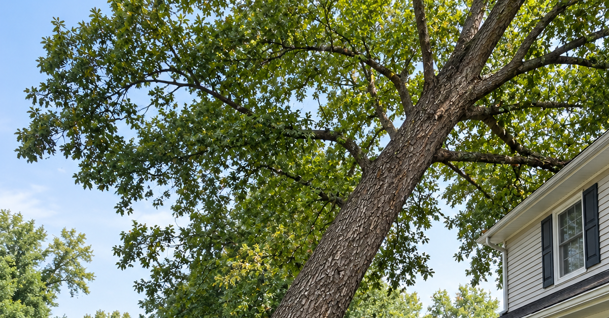 Tree with a visible lean near a New Jersey home